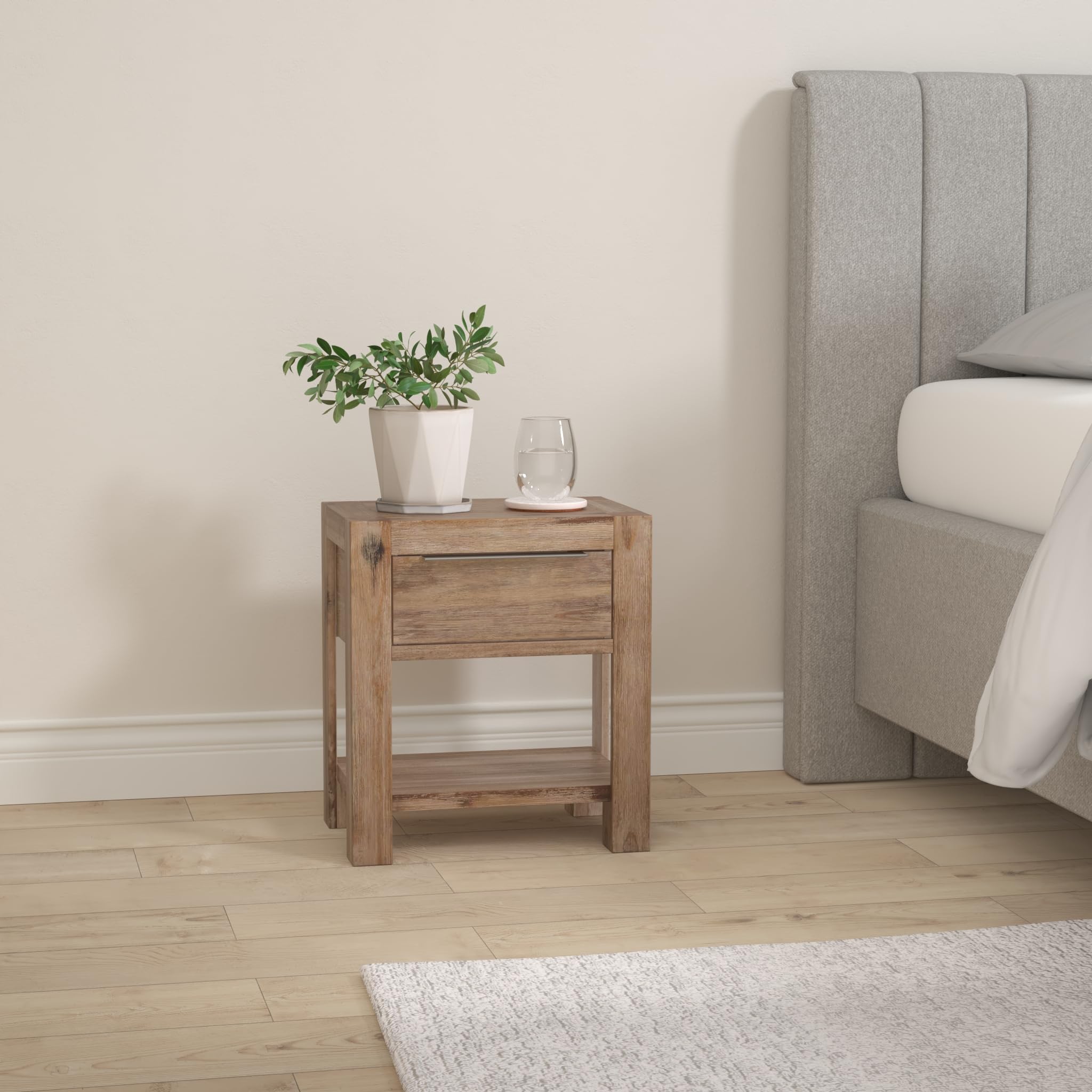 vidaXL Solid Acacia Wood Bedside Cabinet - Nightstand, End Table, Telephone Stand, Rustic Design with Drawer and Shelf, Hard-Wearing MDF and Acacia Veneer Construction, Brushed Finish, Farmhouse Style